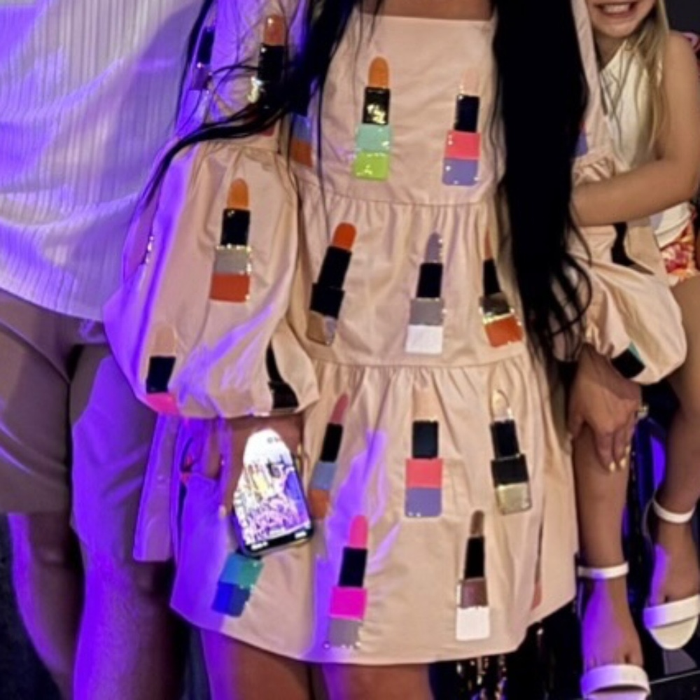 Queen of Sparkles Beige Rainbow Lipstick Dress